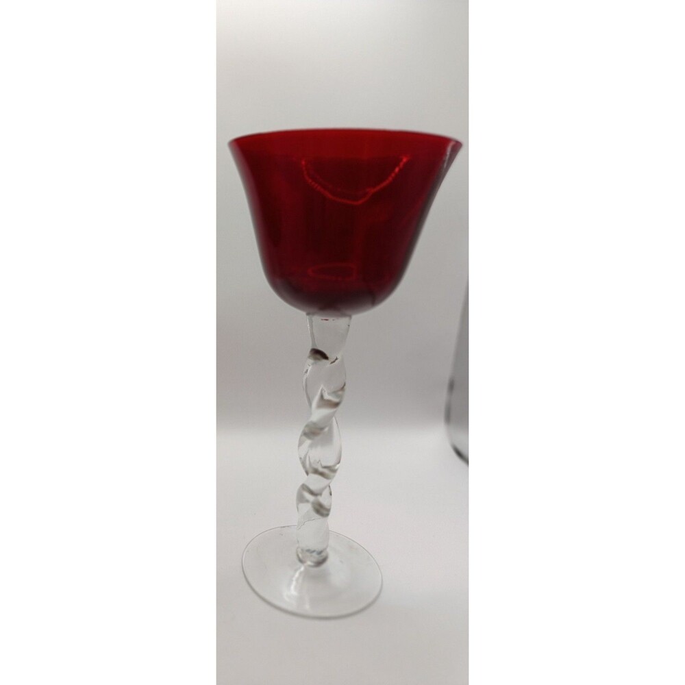 Vintage Ruby Red Wine Glass Twisted Clear Stem Goblet Hand Blown Barware